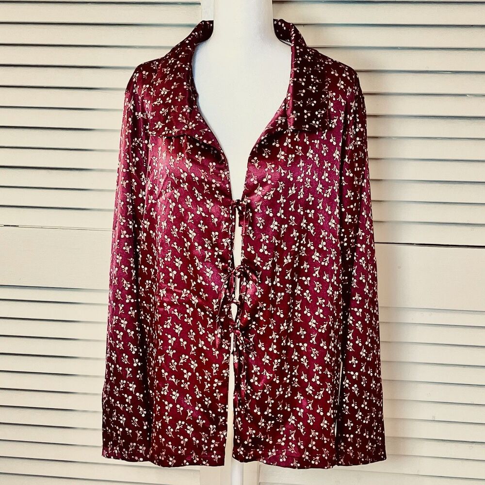 Womens XL Burgundy Floral Silky Tie Front Long Sleeve Cardigan Top By BORN
